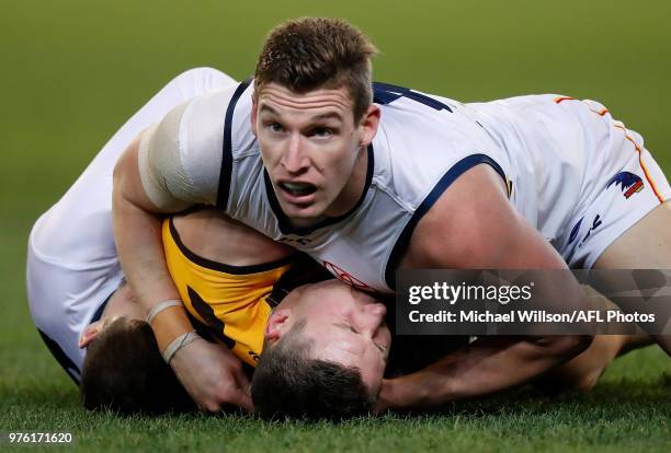 Josh Jenkins of the Crows looks on during the 2018 AFL round 13 match between the Hawthorn Hawks and the Adelaide Crows at the Melbourne Cricket...