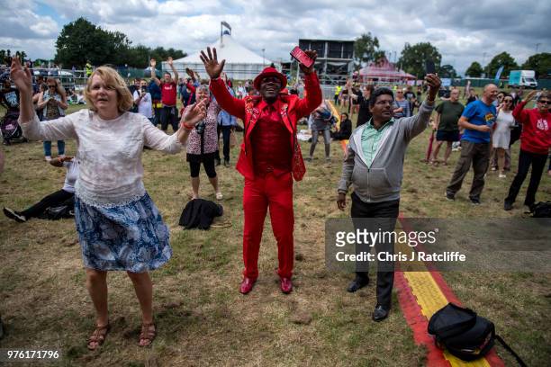 Festival attendees dance at the main stage at Labour Live, White Hart Lane, Tottenham on June 16, 2018 in London, England. The first Labour Live...