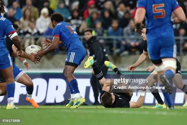 Benjamin Fall of France collides with Beauden Barrett of the All Blacks in the air resulting in a red card from Referee Angus Gardner during the...