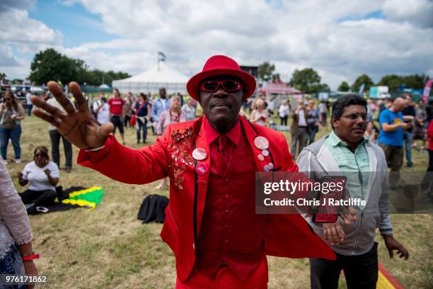 Festival attendees dance at the main stage at Labour Live, White Hart Lane, Tottenham on June 16, 2018 in London, England. The first Labour Live...