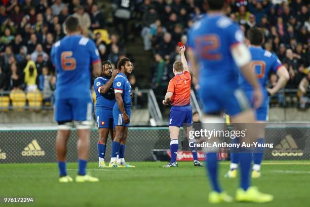 Benjamin Fall of France receives a red card from Referee Angus Gardner during the International Test match between the New Zealand All Blacks and...