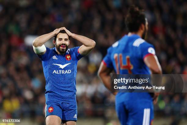 Geoffrey Doumayrou of France reacts to teammate Benjamin Fall's red card during the International Test match between the New Zealand All Blacks and...