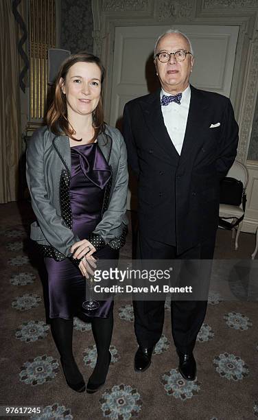 Catherine Ostler and Manolo Blahnik attend the Nancy Mitford 'Wigs on the Green' reissue party held by Catherine Ostler and the Dowager Duchess of...