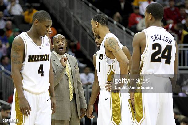 Head coach Mike Anderson of the Missouri Tigers talks with his team in the second half against the Nebraska Cornhuskers during the first round game...