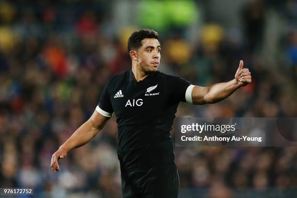 Anton Lienert-Brown of the All Blacks reacts during the International Test match between the New Zealand All Blacks and France at Westpac Stadium on...