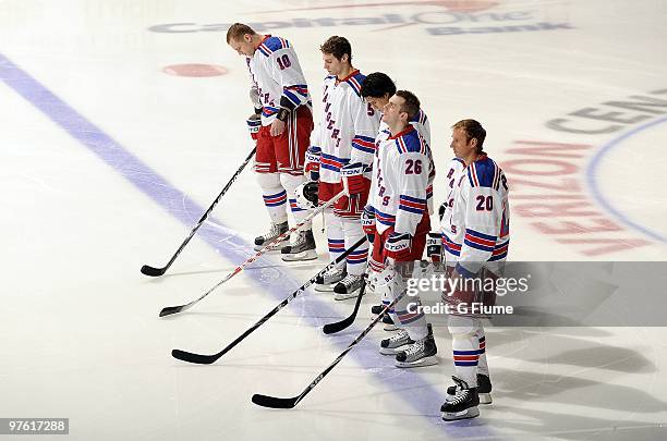 The starters for the New York Rangers, Marian Gaborik, Dan Girardi, Michael Del Zotto, Erik Christensen and Vinny Prospal line up for the National...