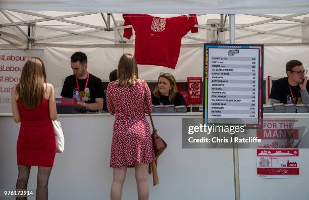 Festival attendees buy Labour party merchandise at Labour Live, White Hart Lane, Tottenham on June 16, 2018 in London, England. The first Labour Live...