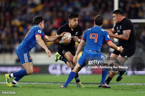 Rieko Ioane of the All Blacks makes a run during the International Test match between the New Zealand All Blacks and France at Westpac Stadium on...