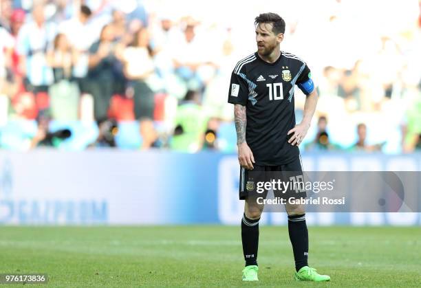 Lionel Messi of Argentina looks on during the 2018 FIFA World Cup Russia group D match between Argentina and Iceland at Spartak Stadium on June 16,...