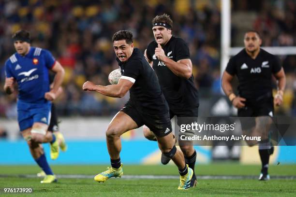 Anton Lienert-Brown of the All Blacks makes a break during the International Test match between the New Zealand All Blacks and France at Westpac...