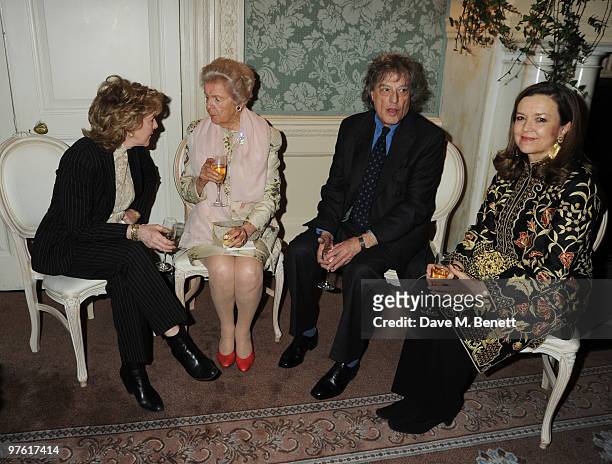 Patricia Hodge, Dowager Duchess of Devonshire, Tom Stoppard and Charlotte Mosley attend the Nancy Mitford 'Wigs on the Green' reissue party held by...