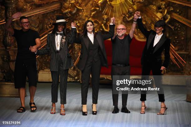 Stefano Gabbana, Naomi Campbell, Monica Bellucci, Domenico Dolce and Marpessa Hennink walk the runway at the Dolce & Gabbana show during Milan Men's...