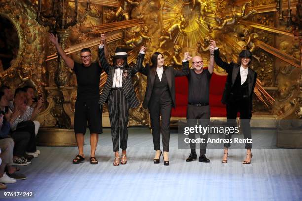 Stefano Gabbana, Naomi Campbell, Monica Bellucci, Domenico Dolce and Marpessa Hennink walk the runway at the Dolce & Gabbana show during Milan Men's...