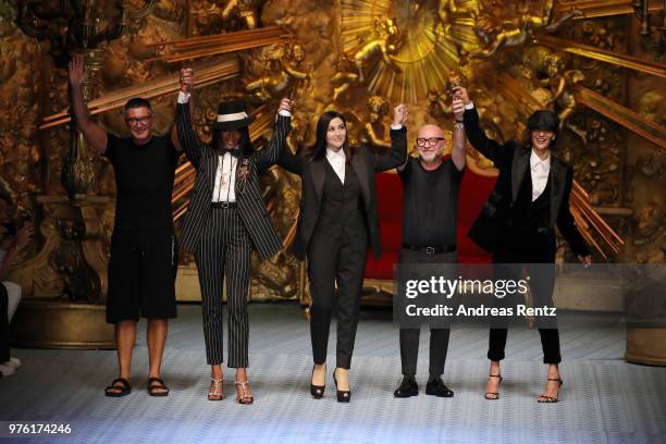 Stefano Gabbana, Naomi Campbell, Monica Bellucci, Domenico Dolce and Marpessa Hennink walk the runway at the Dolce & Gabbana show during Milan Men's...