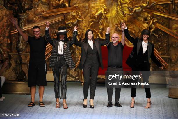 Stefano Gabbana, Naomi Campbell, Monica Bellucci, Domenico Dolce and Marpessa Hennink walk the runway at the Dolce & Gabbana show during Milan Men's...