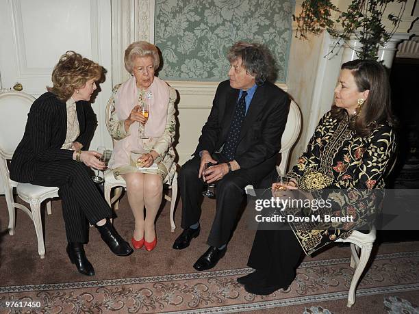 Patricia Hodge, Dowager Duchess of Devonshire, Tom Stoppard and Charlotte Mosley attend the Nancy Mitford 'Wigs on the Green' reissue party held by...