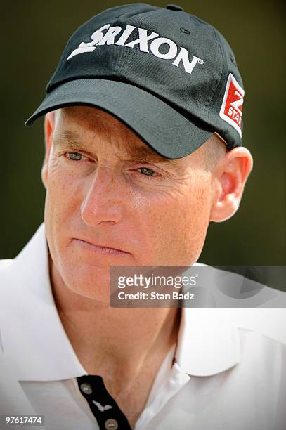 Jim Furyk during an interview on the practice range during practice for the World Golf Championships-CA Championship at Doral Golf Resort and Spa on...