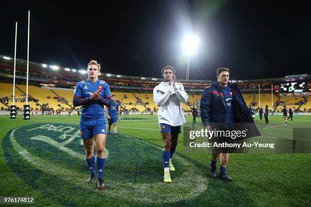 Benjamin Fall of France walks off the field after the International Test match between the New Zealand All Blacks and France at Westpac Stadium on...