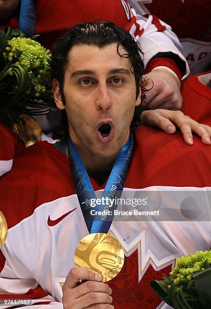 Roberto Luongo of Canada poses for a photo after the ice hockey men's gold medal game between USA and Canada on day 17 of the Vancouver 2010 Winter...