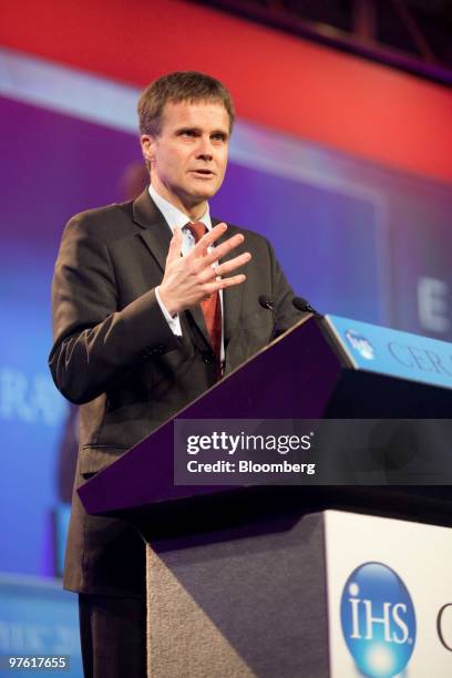 Helge Lund, president and chief executive officer of Statoil ASA, speaks at the 2010 CERAWEEK conference in Houston, Texas, U.S., on Wednesday, March...