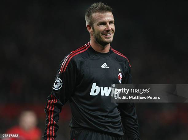 David Beckham of AC Milan in action during the UEFA Champions League First Knockout Round Second Leg match between Manchester United and AC Milan at...