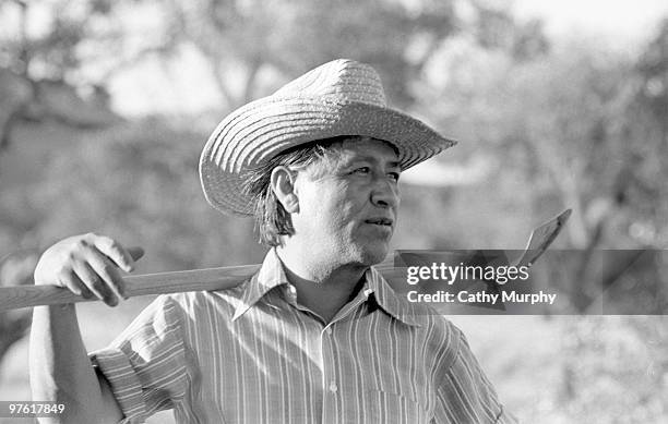 Cesar Chavez , founder of United Farm Workers , holds a shovel across his shoulders while working in the community garden at La Paz, California, 1975.