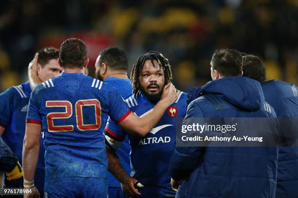 Mathieu Bastareaud of France is consoled after the International Test match between the New Zealand All Blacks and France at Westpac Stadium on June...