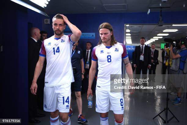Kari Arnason of Iceland and Birkir Bjarnason of Iceland walk down the tunnel during the 2018 FIFA World Cup Russia group D match between Argentina...