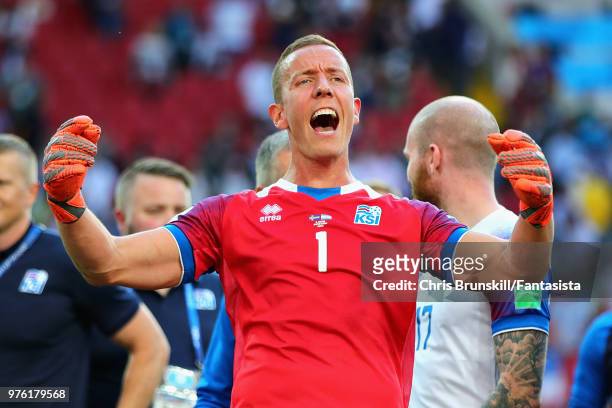 Hannes Halldorsson of Iceland celebrates after his side drew during the 2018 FIFA World Cup Russia group D match between Argentina and Iceland at...