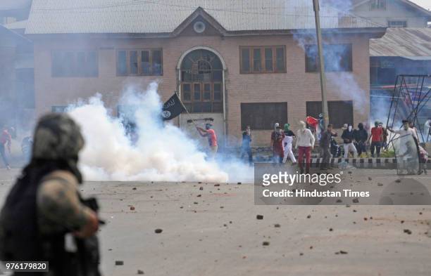 Protesters clash with police and paramilitary soldiers after Eid-ul-Fitr prayers at Eidgah, on June 16, 2018 in Srinagar, India. Multiple clashes...