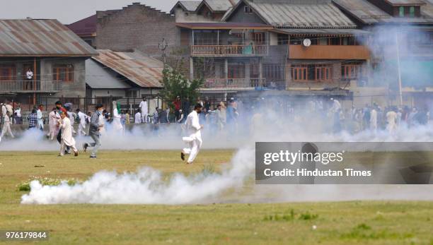 Protesters clash with police and paramilitary soldiers after Eid-ul-Fitr prayers at Eidgah, on June 16, 2018 in Srinagar, India. Multiple clashes...