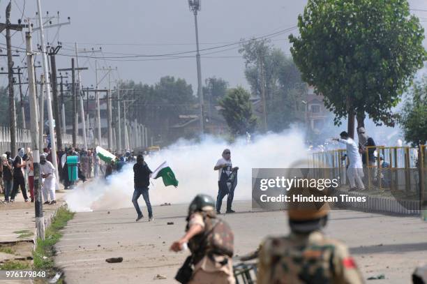 Protesters clash with police and paramilitary soldiers after Eid-ul-Fitr prayers at Eidgah, on June 16, 2018 in Srinagar, India. Multiple clashes...