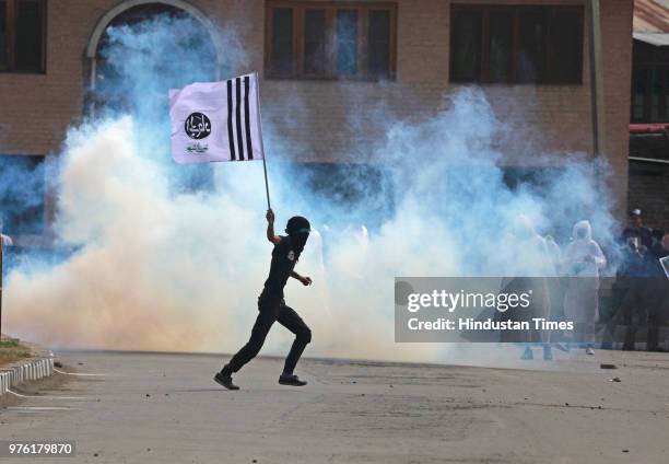 Protesters clash with police and paramilitary soldiers after Eid-ul-Fitr prayers at Eidgah, on June 16, 2018 in Srinagar, India. Multiple clashes...