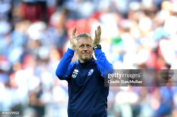 Heimir Hallgrimsson, Manager of Iceland acknowledges the fans following the 2018 FIFA World Cup Russia group D match between Argentina and Iceland at...