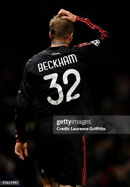 David Beckham of AC Milan shows his dissapointment after the UEFA Champions League First Knockout Round, second leg match between Manchester United...