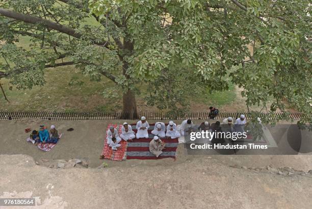 People offer namaz on the occasion of Eid-ul-Fitr at Feroz Shah Kotla Masjid, on June 16, 2018 in New Delhi, India. The auspicious occasion of...