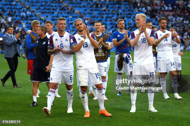 Iceland players applauds fans after the 2018 FIFA World Cup Russia group D match between Argentina and Iceland at Spartak Stadium on June 16, 2018 in...