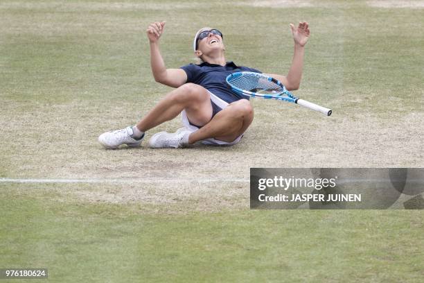 Kirsten Flipkens from Belgium celebrates her victory during the match against Slovak Viktoria Kuzmova during the semi final of the women's single...