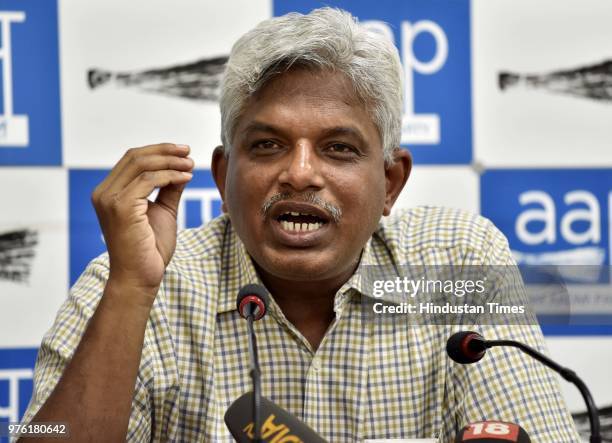 Pankaj Gupta, National Secretary of the Aam Aadmi Party, addresses media persons on the issue of IAS officers skipping meetings, at AAP HQ, on June...