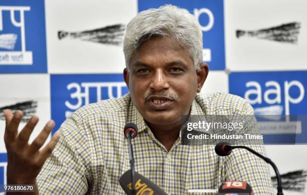 Pankaj Gupta, National Secretary of the Aam Aadmi Party, addresses media persons on the issue of IAS officers skipping meetings, at AAP HQ, on June...