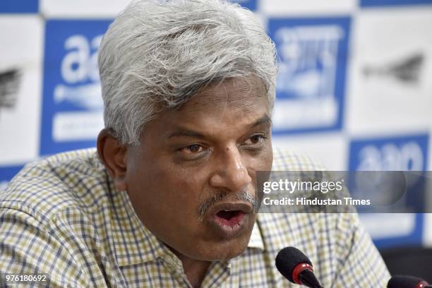 Pankaj Gupta, National Secretary of the Aam Aadmi Party, addresses media persons on the issue of IAS officers skipping meetings, at AAP HQ, on June...