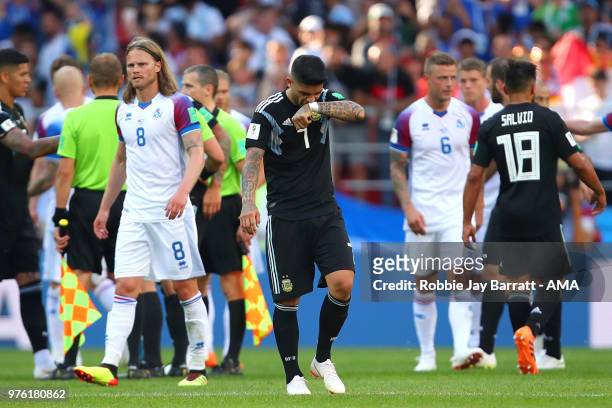 Ever Banega of Argentina reacts at the end of the 2018 FIFA World Cup Russia group D match between Argentina and Iceland at Spartak Stadium on June...