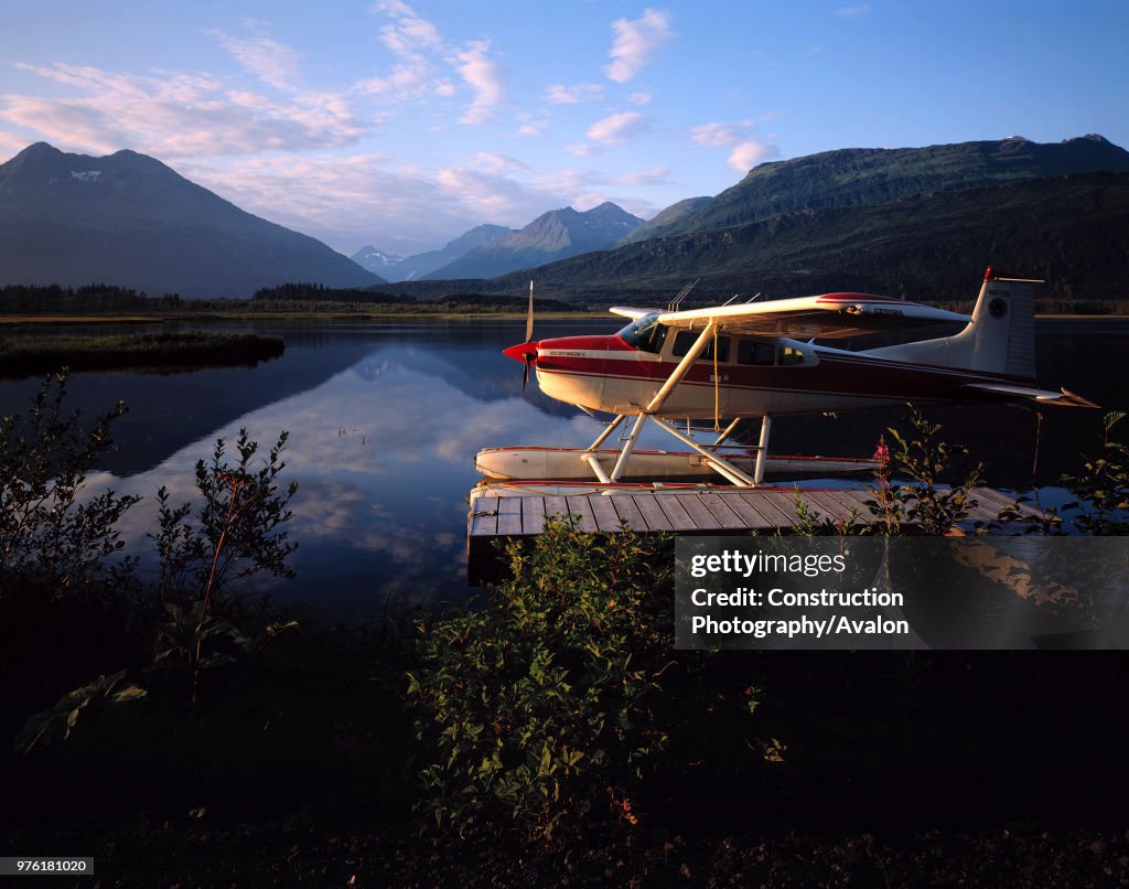 Mooring seaplane at evening - lake (near the village of Valdez) - state of Alaska - usa