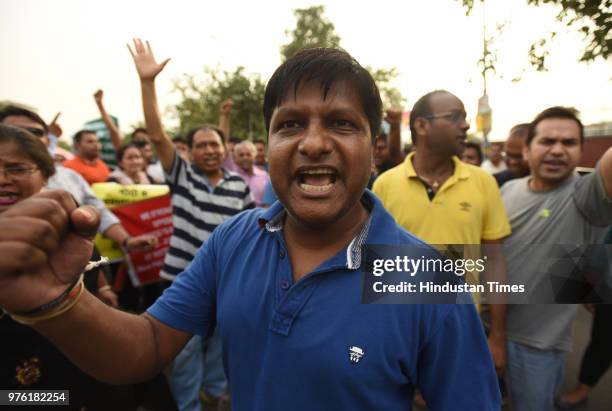 Residents and villagers during a protest march against dumping ground at sector 123, on June 16, 2018 in Noida, India. The National Green Tribunal...