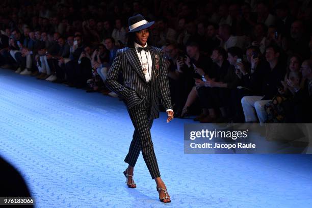 Naomi Campbell walks the runway at the Dolce & Gabbana show during Milan Men's Fashion Week Spring/Summer 2019 on June 16, 2018 in Milan, Italy.