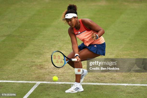 Naomi Osaka of Japan in action in the Womens Singles Semi Final during Day Eight of the Nature Valley Open at Nottingham Tennis Centre on June 16,...