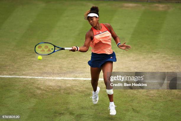 Naomi Osaka of Japan in action in the Womens Singles Semi Final during Day Eight of the Nature Valley Open at Nottingham Tennis Centre on June 16,...