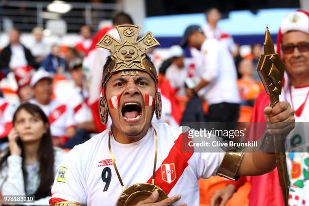 Peru fan enjoys the pre match atmosphere prior to the 2018 FIFA World Cup Russia group C match between Peru and Denmark at Mordovia Arena on June 16,...