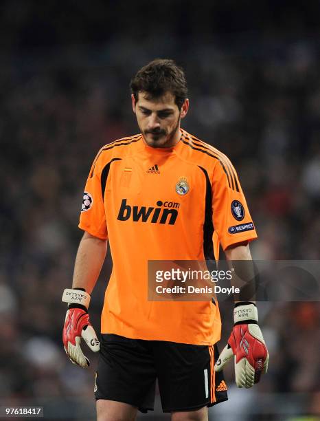 Iker Casillas of Real Madrid shows his dejection after Olympique Lyonnais scored their first goal during the UEFA Champions League round of 16 2nd...