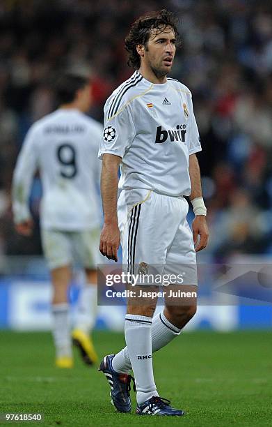 Captain Raul Gonzalez of Real Madrid looks on during the UEFA Champions League round of 16 second leg match between Real Madrid and Lyon at the...